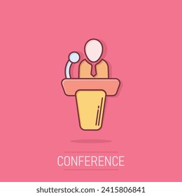 Public speach icon in comic style. Podium conference vector cartoon illustration on isolated background. Tribune debate business concept splash effect.