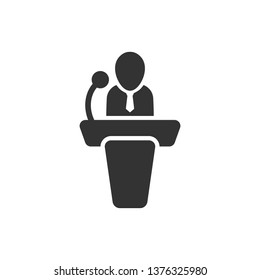 Public Speach Icon In Flat Style. Podium Conference Vector Illustration On White Isolated Background. Tribune Debate Business Concept.