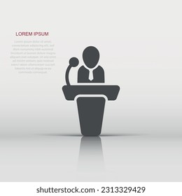 Public speach icon in flat style. Podium conference vector illustration on white isolated background. Tribune debate business concept.