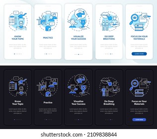 Public speak fear night and day mode onboarding mobile app screen. Tips walkthrough 5 steps graphic instructions pages with linear concepts. UI, UX, GUI template. Myriad Pro-Bold, Regular fonts used