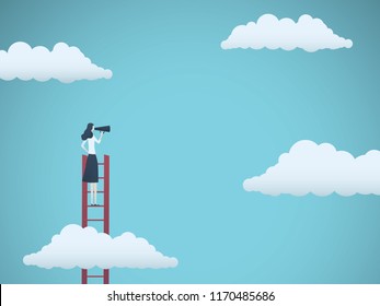 Public speaker or business leader vector concept. Businesswoman speaking through megaphone on a ladder. Symbol of motivation, challenge, ambition. Eps10 vector illustration.