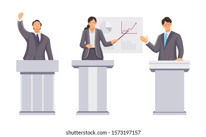 Public speaker, financial specialists, orator speak from rostrum. Public speaking businessman, leader, deputy, ceo director. Presentation, conference, congress politicians cartoon vector illustration