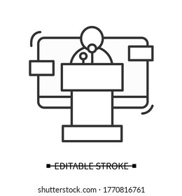 Public speaker icon. Line pictogram of spokesperson reporting official government position for news agencies. Media influence on politics concept. Editable stroke vector illustration for presentation