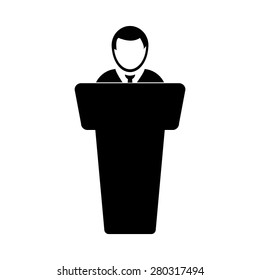 Public speaker icon with podium for conference event in business meeting and for political events for campaign in a glyph pictogram illustration