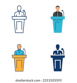Public speaker icon set in flat and line style. Lecturer symbol. Orator speaking from tribune. Vector illustration.