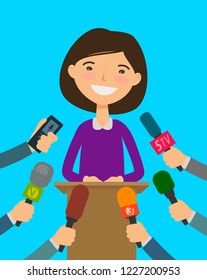 Public speaker, interview with journalists. Press Conference concept. Cartoon vector illustration