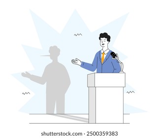 Public speaker liar. Man behind stand with microphone, casting shadow with long nose. Politician or businessman telling lie. Disinformation and propaganda, lies. Linear vector illustration