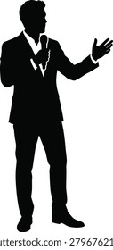 Public speaker man silhouette with microphone, businessman giving speech, conference presenter host icon for business seminar training banner,