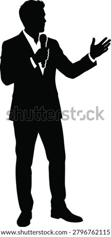 Public speaker man silhouette with microphone, businessman giving speech, conference presenter host icon for business seminar training banner,