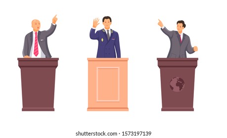 Public speaker, military chief, orator speak from rostrum. Public speaking businessman, leader, ceo director. Performance, presentation, conference,congress politicians cartoon vector illustration