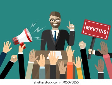 Public speaker politician on the podium. Hands of demonstrants and hand with megaphone, protest concept, revolution, conflict. illustration in flat style