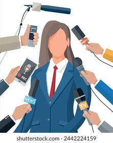 Public speaker. Rostrum, tribune and hands of journalists with microphones and digital voice recorders. Press conference concept, news, media, journalism. Vector illustration in flat style