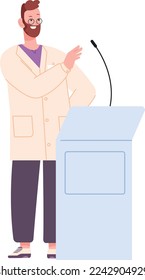 Public speaker scientist. Man in lab coat on seminar isolated on white background