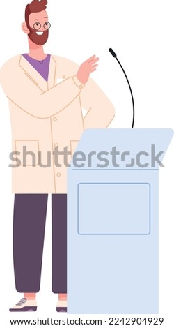 Public speaker scientist. Man in lab coat on seminar isolated on white background