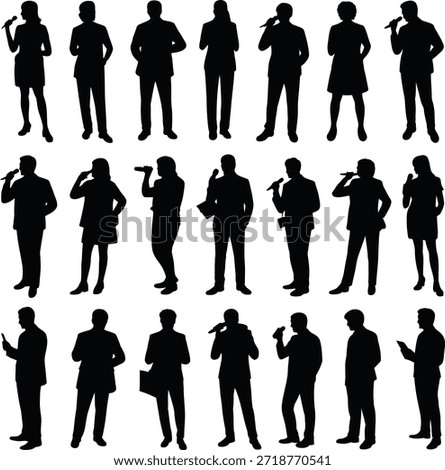 Public speaker and singer icon set. Containing people with microphones, presenting, singing, hosting, stand-up comedy, gesturing, business presentation, performing, and many more.