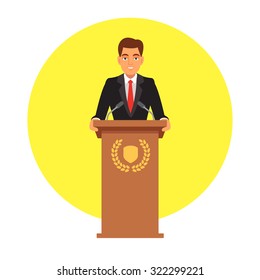 Public speaker standing behind rostrum with emblem and speaking to microphones. Flat style vector illustration isolated on white background.