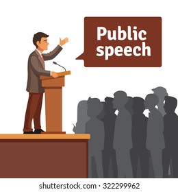 Public Speaker Standing Behind Rostrum Speaking To Gathered Public. Flat Style Vector Illustration Isolated On White Background.