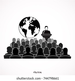 Public speaker standing behind rostrum speaking to gathered public. Flat style vector illustration isolated on white background. - stock vector