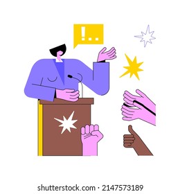 Los altavoces públicos describen la ilustración abstracta del vector de concepto. Desarrollo de sitio web de eventos, elemento de página de inicio, altavoz de conferencia, perfil de figura pública, barra de menú del sitio, metáfora abstracta de interfaz de usuario.