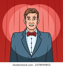 Public speaking anxiety man pinup pop art retro hand drawn vector illustration. Comic book style imitation.