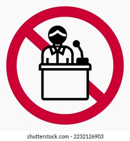 Public speaking ban. Don't perform. Do not shout. No demos. Vector icon.