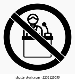 Public speaking ban. Don't perform. Do not shout. No demos. Vector icon.
