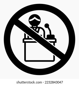 Public speaking ban. Don't perform. Do not shout. No demos. Vector icon.