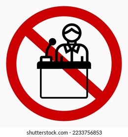 Public speaking ban. Don't perform. Do not shout. No demos. Vector icon.