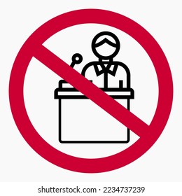 Public speaking ban. Don't perform. Do not shout. No demos. Vector icon.