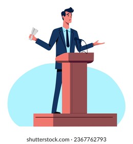 Public speaking. A candidate, a politician, a celebrity communicates with Others. holding paper in hand. Flat Vectors Illustrations