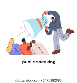 Concepto de hablar en público. Altavoz actúa para el equipo con megáfono. El intérprete anuncia, se comunica por altavoz. Empleado hablando por megáfono. Ilustración vectorial plana aislada sobre blanco