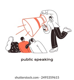 Public speaking concept. Speaker performs with megaphone. Performer announces with loudspeaker. Employee communicates by bullhorn. Flat isolated outline vector illustration on white background