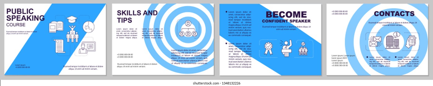 Public speaking course brochure template. Professional speakers classes. Flyer, booklet, leaflet print design with linear illustrations. Vector page layouts for web banner, annual reports, posters
