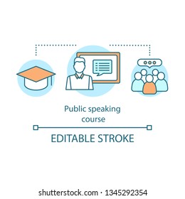 Public speaking course concept icon. Tutor, educator, teacher. E-learning idea thin line illustration. Webinar. Oratory lessons, school. Vector isolated outline drawing. Editable stroke