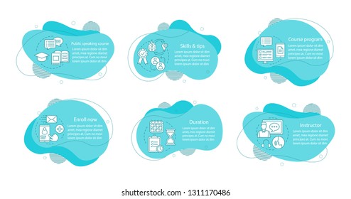 Public speaking course concept illustrations. Oratory training infographic template. Fluid elements with text and linear icons. Six wavy bubbles steps. Presentation, banner report vector cliparts