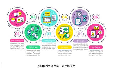 Public speaking course vector infographic template. Oratory training, skills, tips, program. Data visualization with six steps and option. Process timeline chart. Workflow layout with icons
