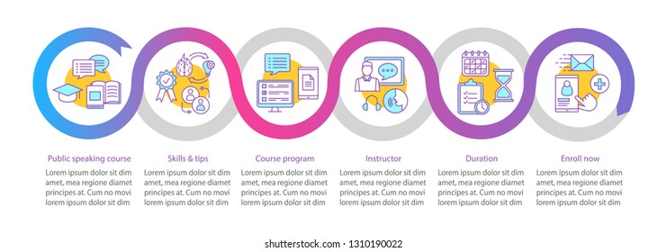 Public speaking course vector infographic template. Oratory training, skills, tips, program. Data visualization with six steps and option. Process timeline chart. Workflow layout with icons