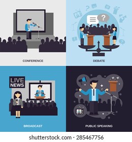 Public Speaking Design Concept Set With Conference Debate Broadcast Flat Icons Isolated Vector Illustration