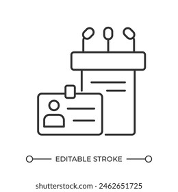 Public speaking event linear icon. Podium and id badge. Professional event. Panel discussion. Press conference. Thin line illustration. Contour symbol. Vector outline drawing. Editable stroke