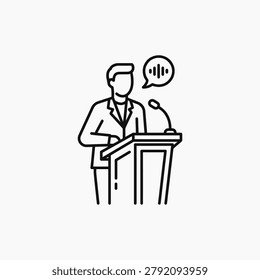 Public speaking event with speaker at podium, microphone for amplified voice, sound wave icon representing communication, presenter in formal attire, conference or presentation, communication concept, announcement, political speech, business meeting, lecture, seminar, oral presentation.