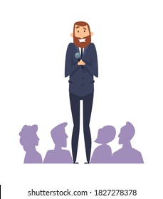 Public Speaking Fear. Man With Microphone In Front Of Audience. Frightened Male With Phobia Speaks From Stage Vector Illustration