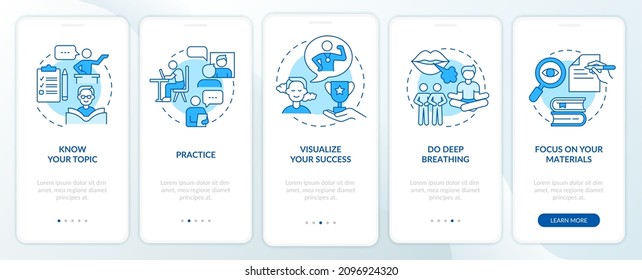 Public speaking fear overcoming blue onboarding mobile app screen. Health walkthrough 5 steps graphic instructions pages with linear concepts. UI, UX, GUI template. Myriad Pro-Bold, Regular fonts used