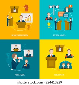 Public speaking flat icons set of business presentation political debates figure speech isolated vector illustration