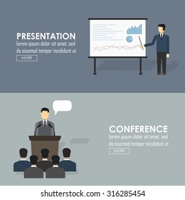 Public speaking flat icons set of business presentation political debates figure speech isolated vector illustration