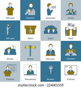 Public speaking flat line icons set with speech presentation announcement interview isolated vector illustration