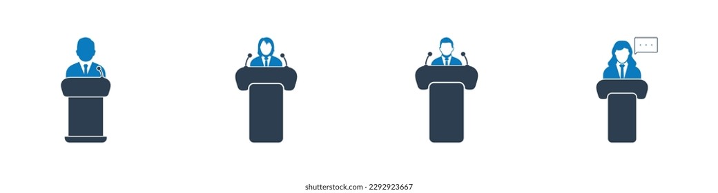 Public Speaking Icon Set. Collection of Leader, Speaker, Microphone, Podium, Presentation, Seminar, Conference, President, Politician and More Icons. Editable Flat Vector Illustration.