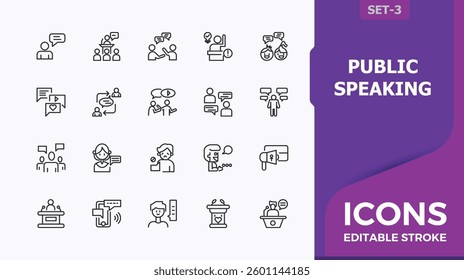 Public Speaking icon set. Featuring man, conversation, men, discussion, talk, conference, dialog and more. Speaking linear icon. Minimal linear icons. Editable stroke. Pixel Perfect.