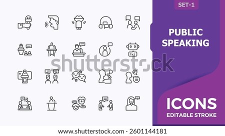 Public Speaking icon set. Featuring man, conversation, men, discussion, talk, conference, dialog and more. Speaking linear icon. Minimal linear icons. Editable stroke. Pixel Perfect.