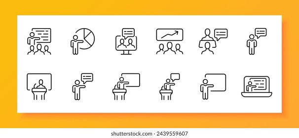 Public speaking icon set. Graph, arrow diagram of stock price growth, microphone, sound, laptop. Black icon on a white background. Vector line icon for business and advertising