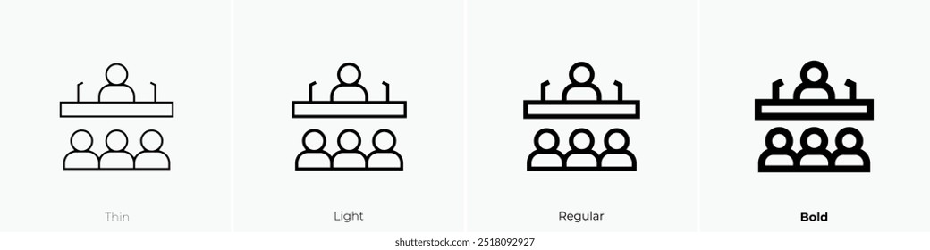 ícone de fala em público. Design fino, leve, regular e negrito, isolado no fundo branco